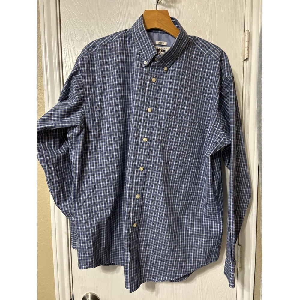 Joseph Abbound Men’s Shirt Classic Fit Size L Blue Checked No Iron Long Sleeve